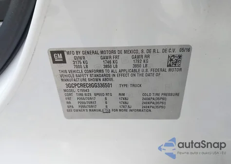 2016 Chevrolet Silverado 1500 1Lt z USA, uszkodzony, nr VIN 3GCPCREC8GG336501